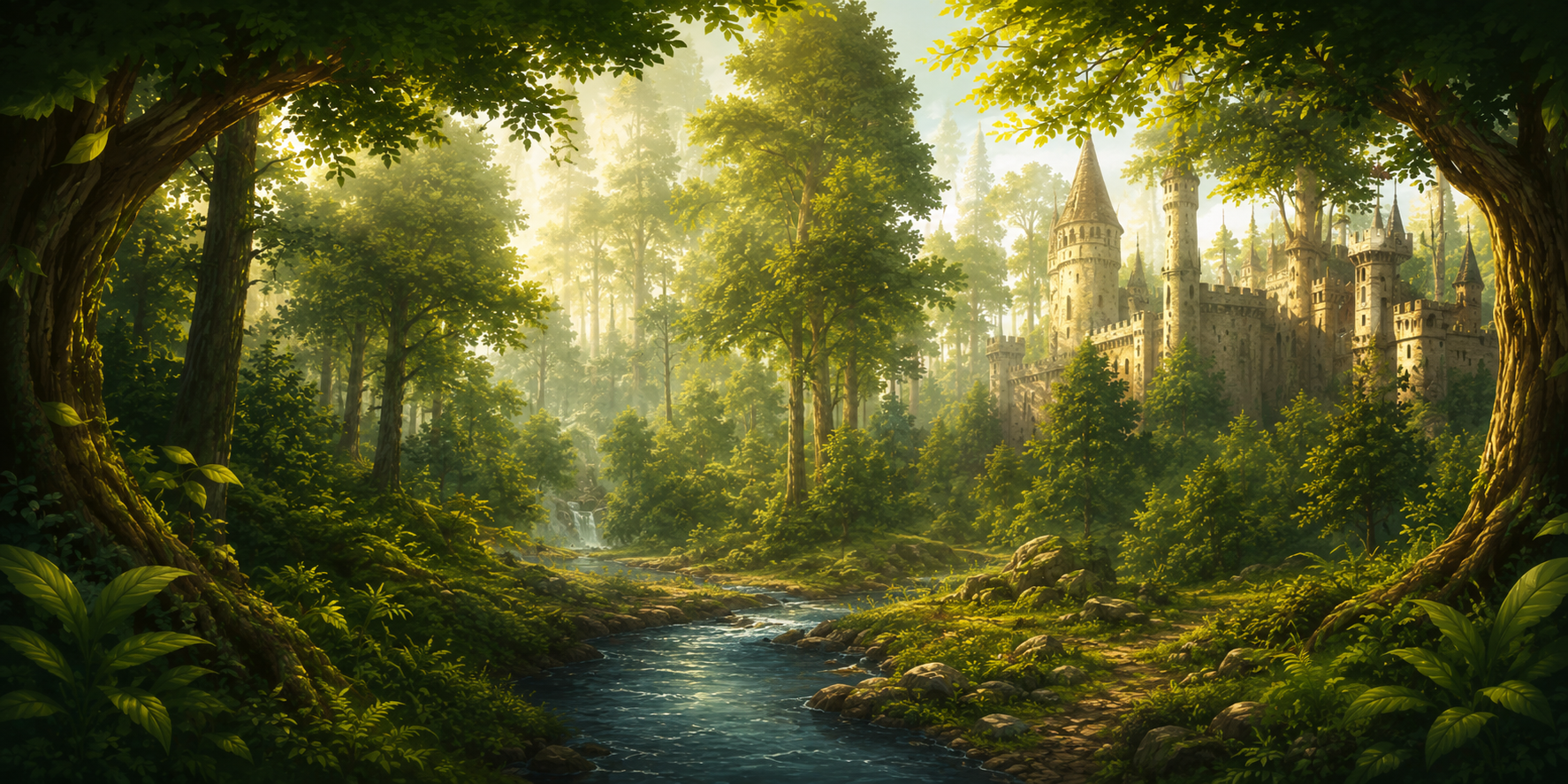 Sherwood forest with a distant castle